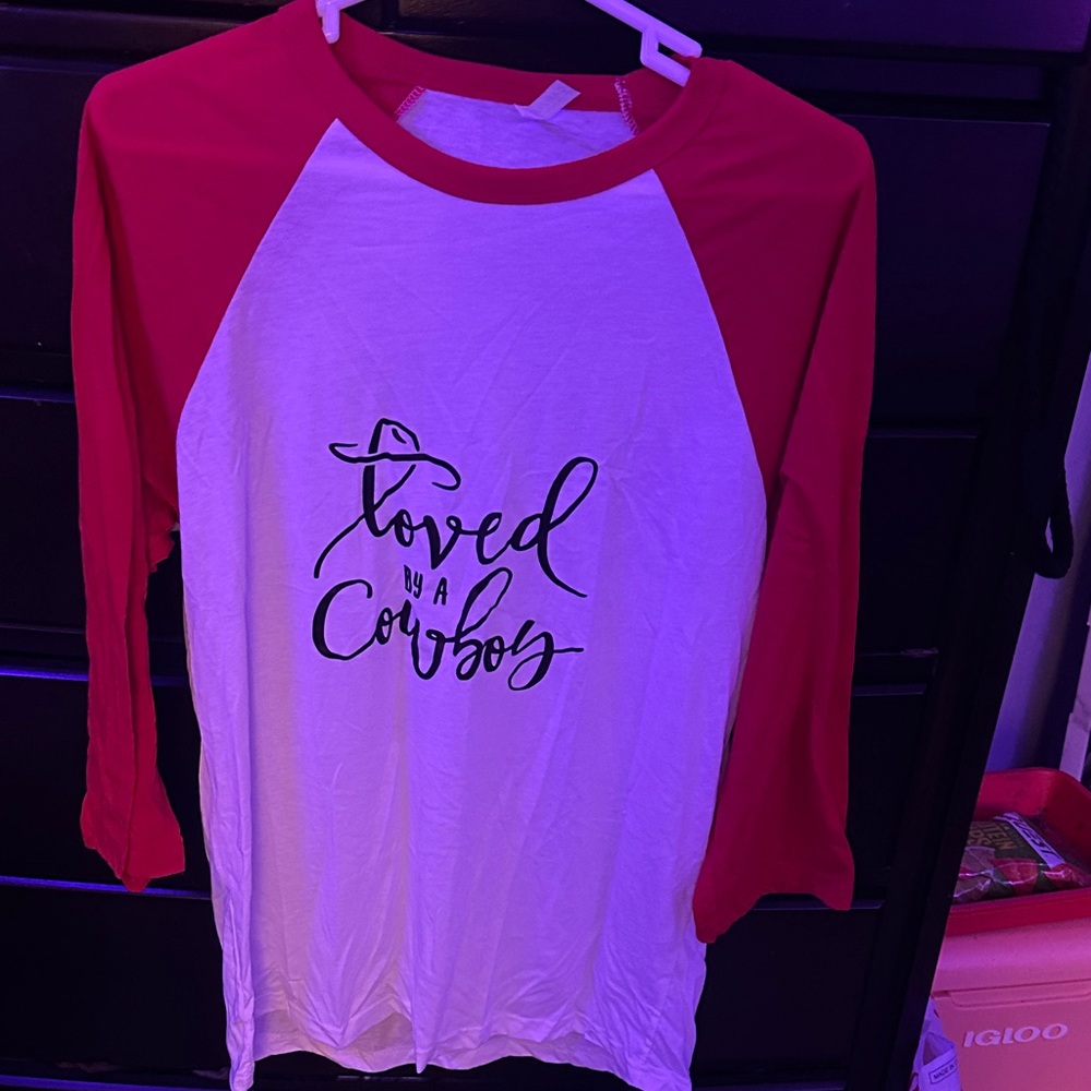 Red Baseball Tee “Love by a Cowboy”